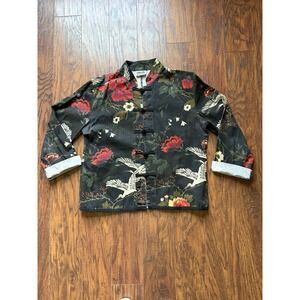 Chicos Design Blazer Womens Size 2 Black Green Red Floral  100% Cotton Casual